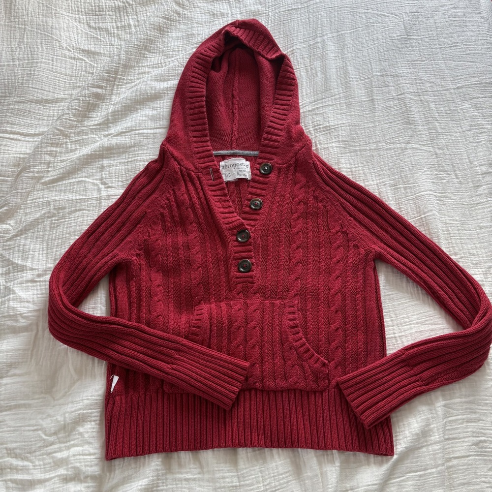 Aeropostale Hoodie Sweater Cable Knit Red Henley Button Pullover Kangaroo L